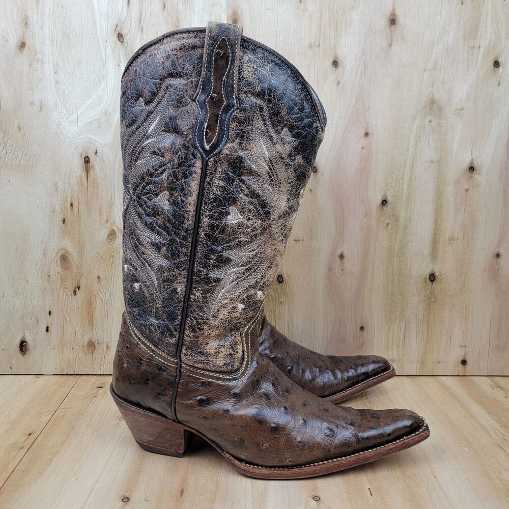 El Buitre Ostrich Leather Cowboy Boots Men’s 8.5-9  Brown Vintage Western Mexico